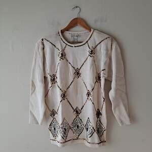 Cezanne Cotton Blend Gold Sequin Black Bead IBeige Long Sleeve Sweater Siz Small